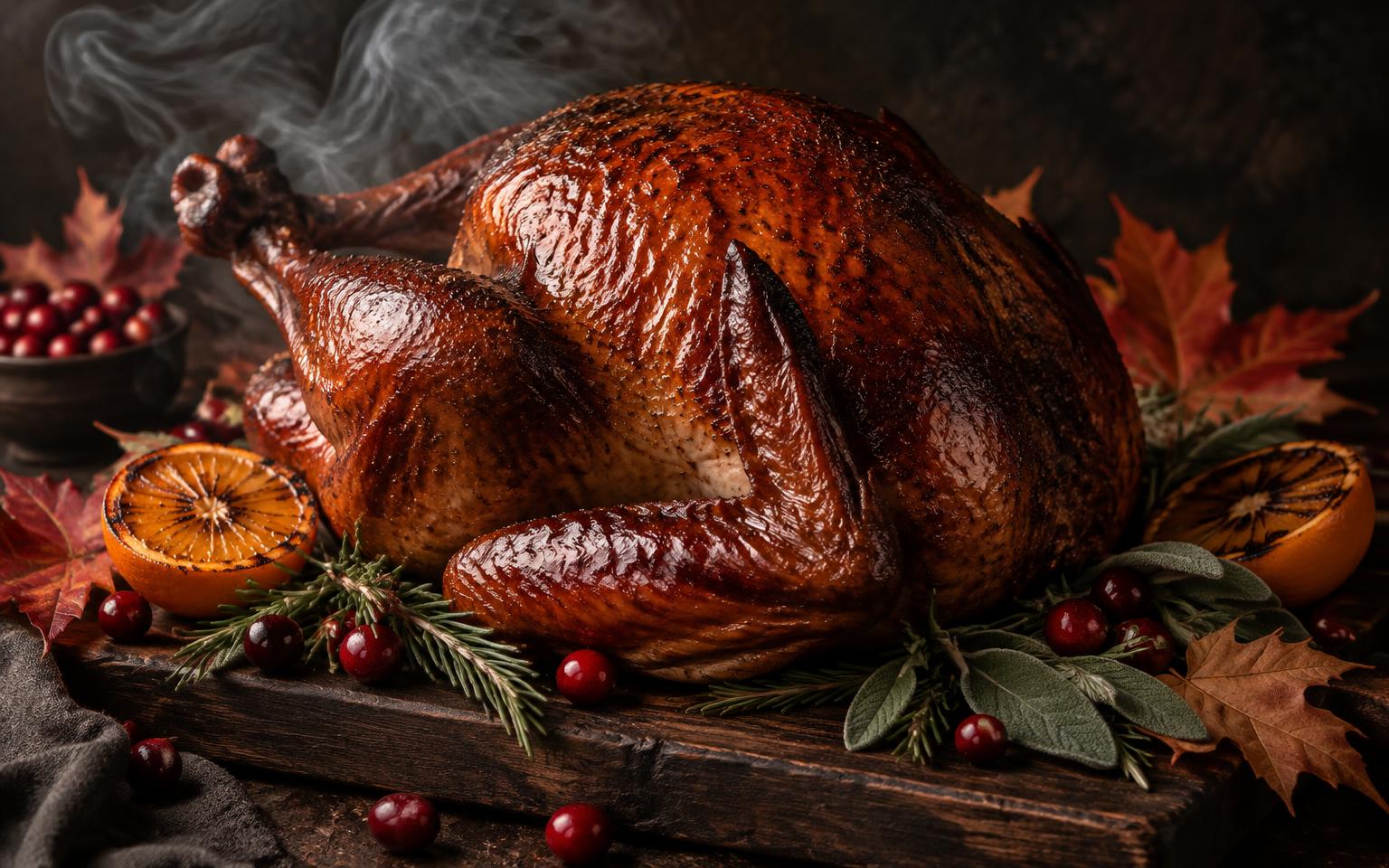 Whole hickory-smoked turkey with cranberries, sage and autumn leaves