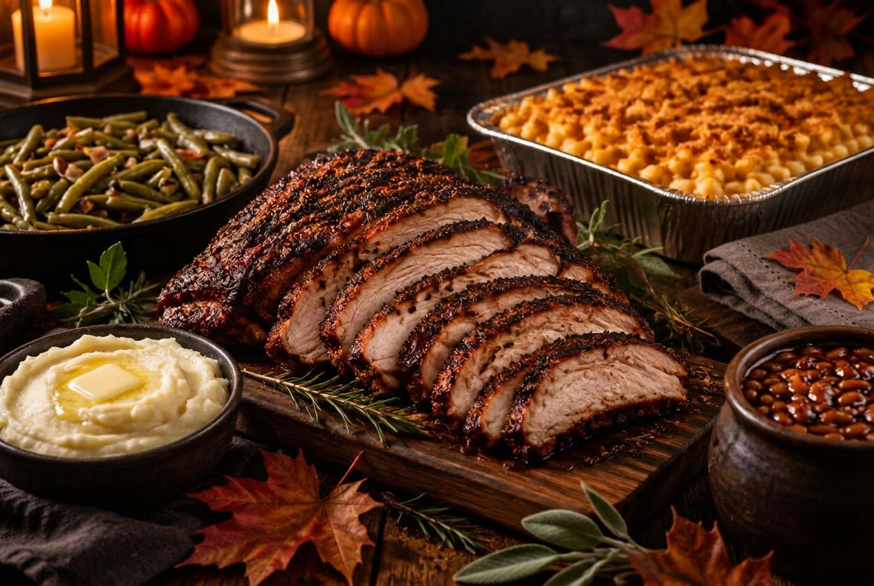 Carved smoked turkey with mac and cheese, mashed potatoes, green beans and baked beans